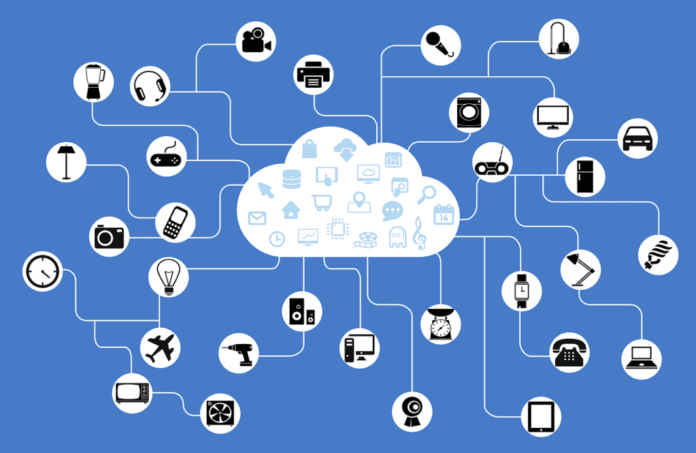 A network of endpoint devices and apps connects to a cloud computing infrastructure.