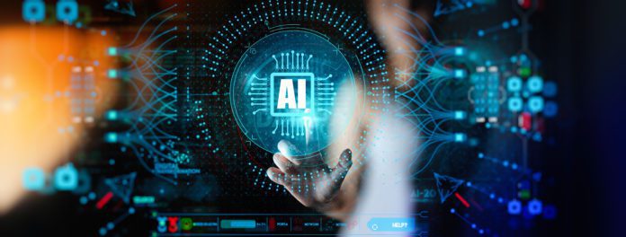 An employee touches a digital artificial intelligence (AI) icon in a user interface.