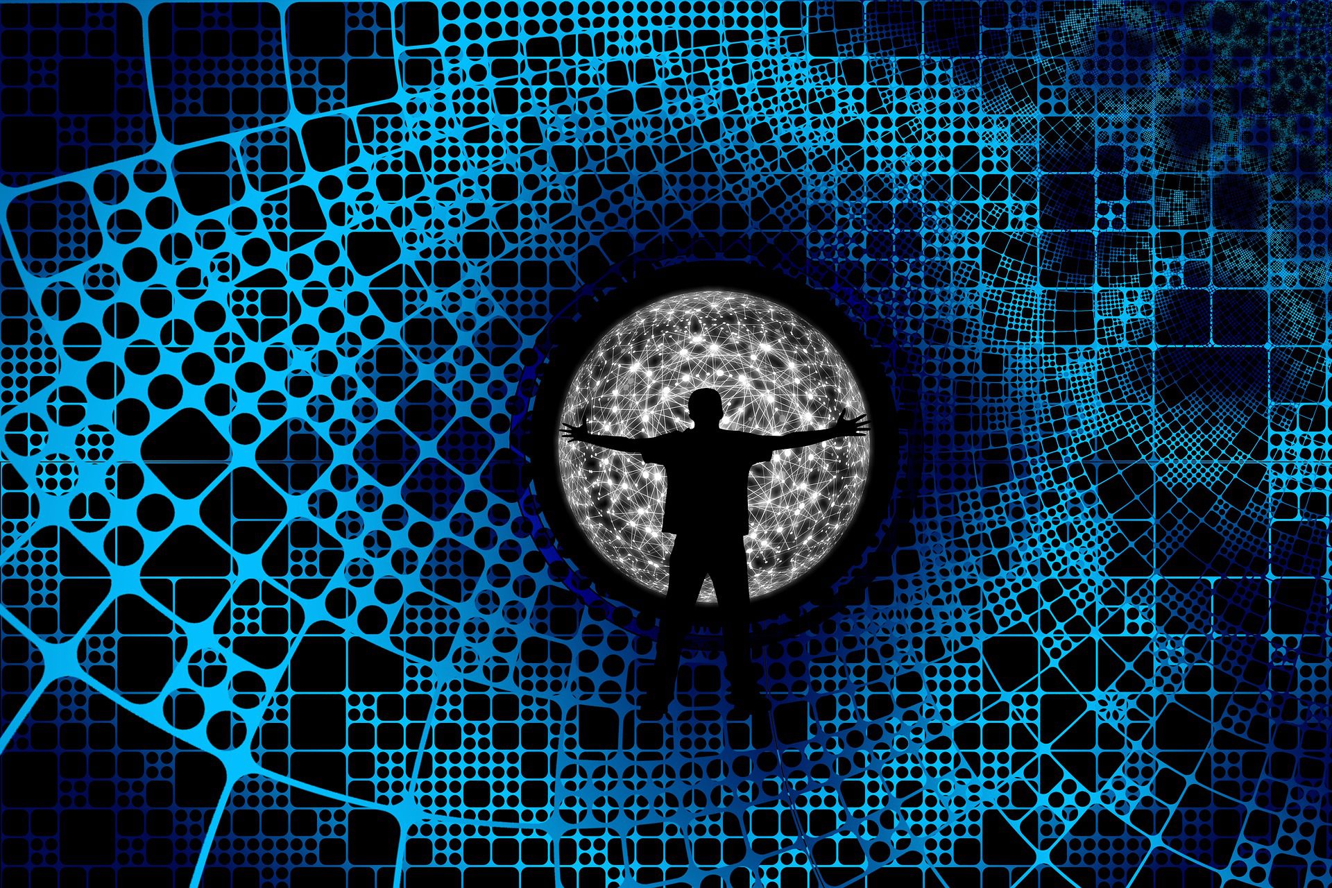 A virtual person embraces a network of data.