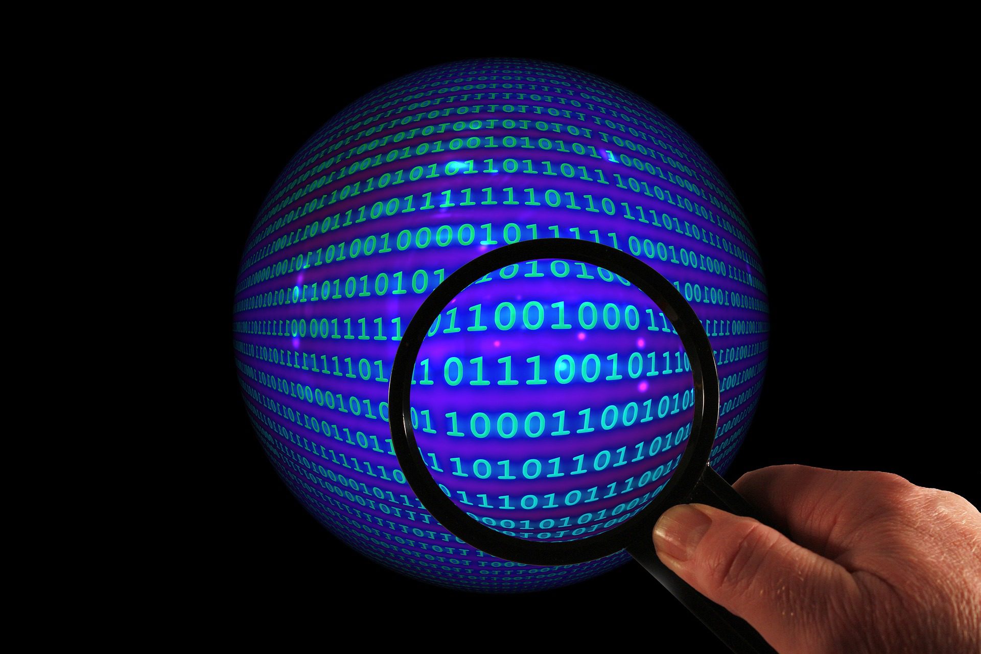 Data Discovery Represented by Magnifying Glass Over Globe of Binary Code Data.