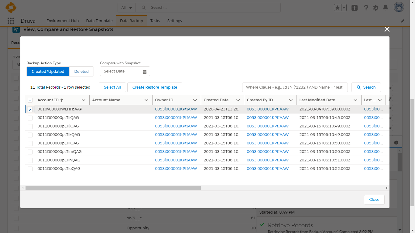 Screenshot from Druva's sfApex Salesforce data recovery interface.