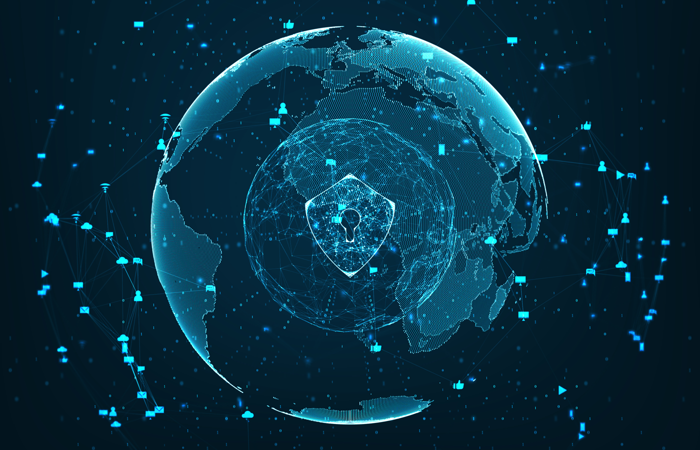 Virtual shield with keyhole icon on a digital globe.
