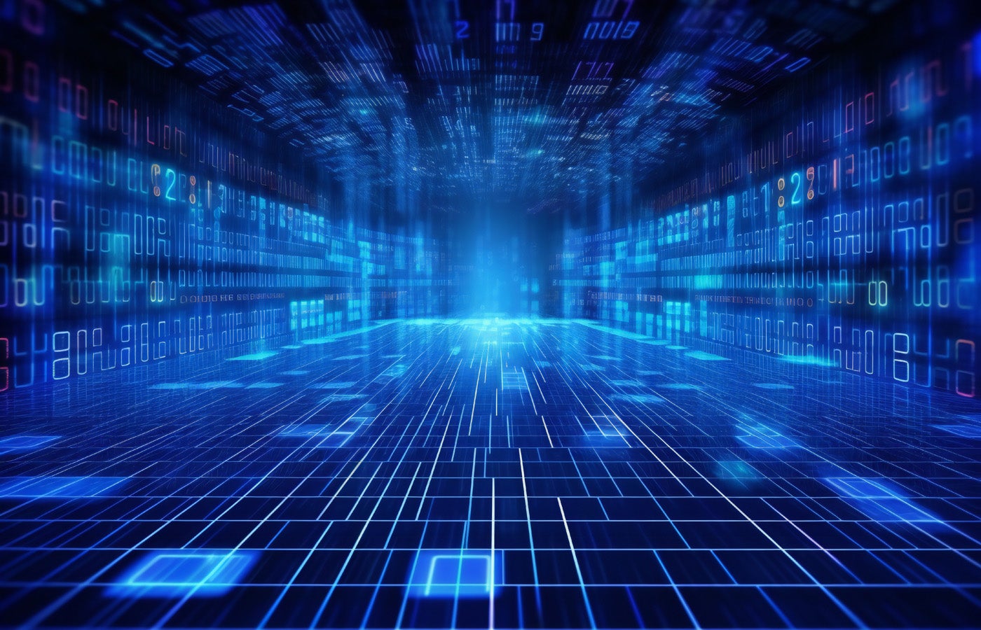 Blue data matrix simulation digital line and grid technology with futuristic HUD background.
