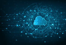 Virtual cloud technology icon on a binary values background.