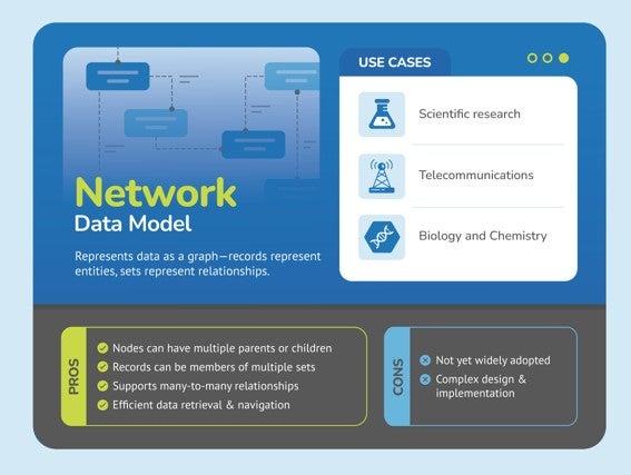 infographic showing the pros and cons of a network data model
