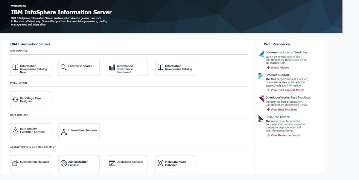 The main dashboard in IBM Infosphere Information Server.