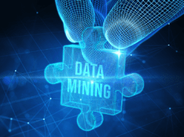 3D frame render of a hand picking a puzzle piece with data mining inscription.