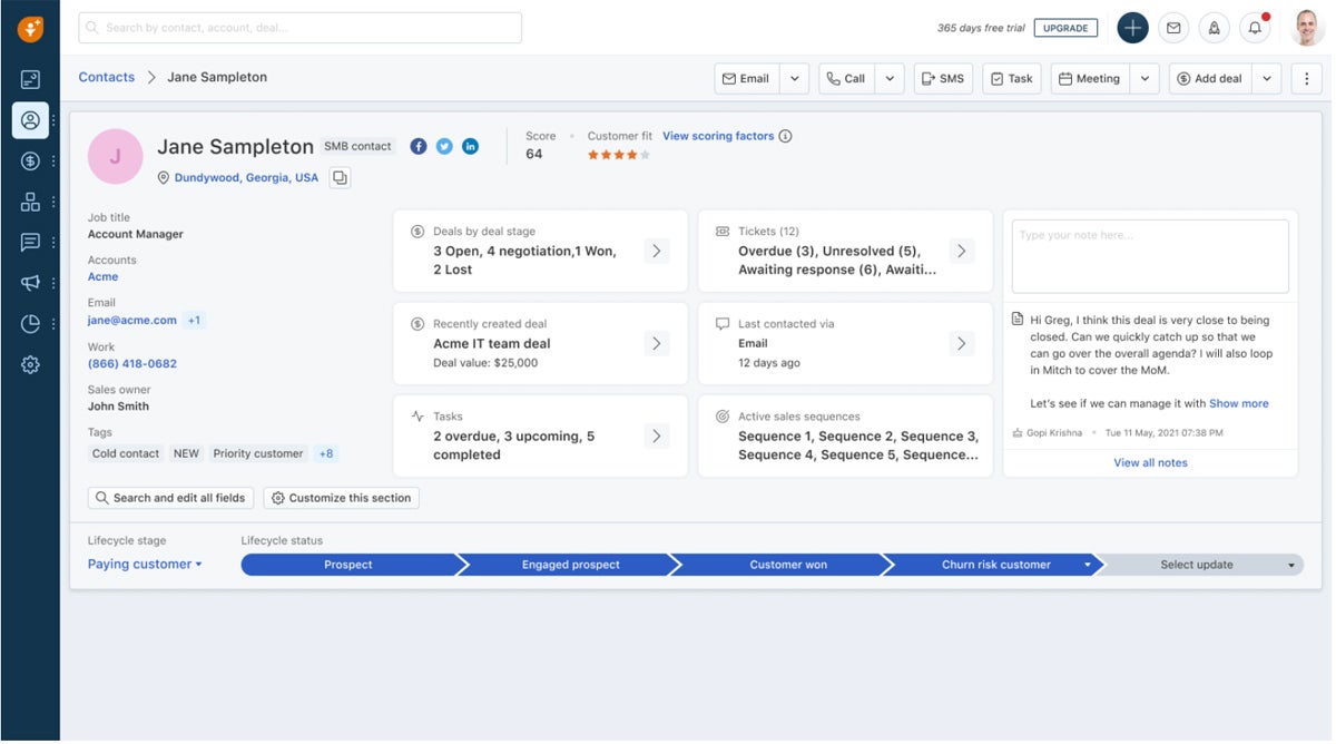 Freshsales’ activity timeline shows a detailed view of customer interactions.